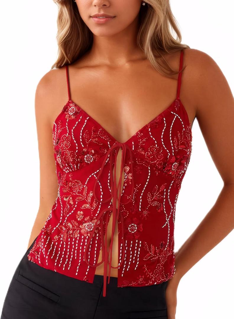 Ythomm Women Sequin Cami Tank Tops Sparkle Rhinestone Sleeveless Camisole Tie Up Front Backless Y2k Crop Tops Summer Clubwear (Large, Red)