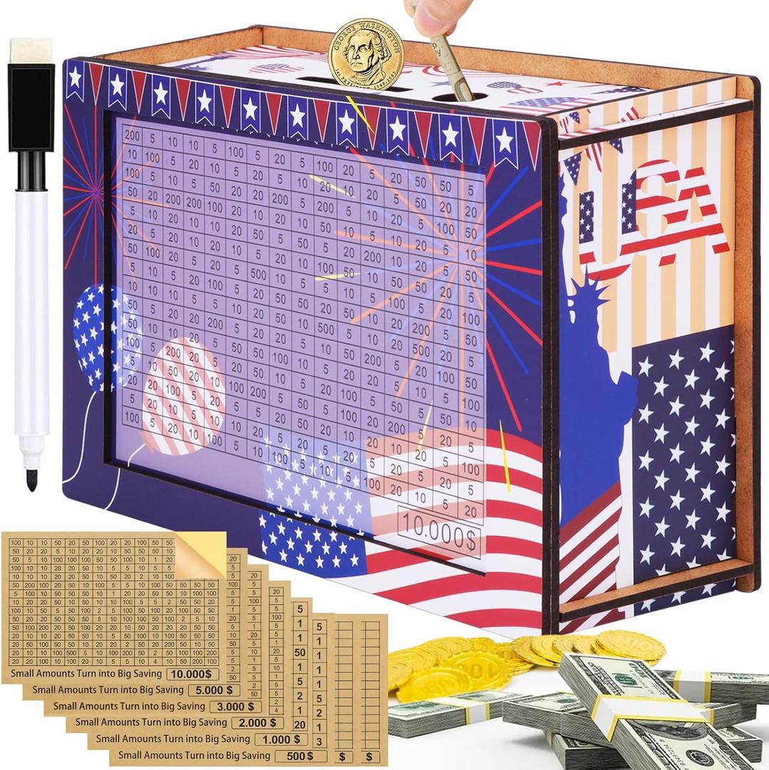 3 PAck $10000 Cash Vault Wooden Savings Box,Wooden Savings Box with Money Target & Numbers,Patriotic Cash Saver Box, Reusable Coin Counter Piggy Bank 10K