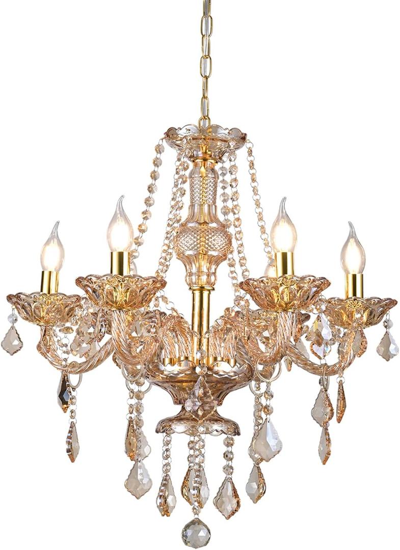 Luxury Amber K9 Crystal Chandelier 6-Light Candle Style Modern Pendant Ceiling Fixture Compatible with E12 Bulbs for Living Room Dining Room Bedroom Hallway Entry (6 Lights)