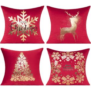All Smiles Red Gold Christmas Decorations Throw Pillow Covers Cases 20X20 Set of 4 Turquoise Xmas Indoor Home Dcor Ornaments Velvet Navidad Cushion for Sofa Couch Tree Snowflake