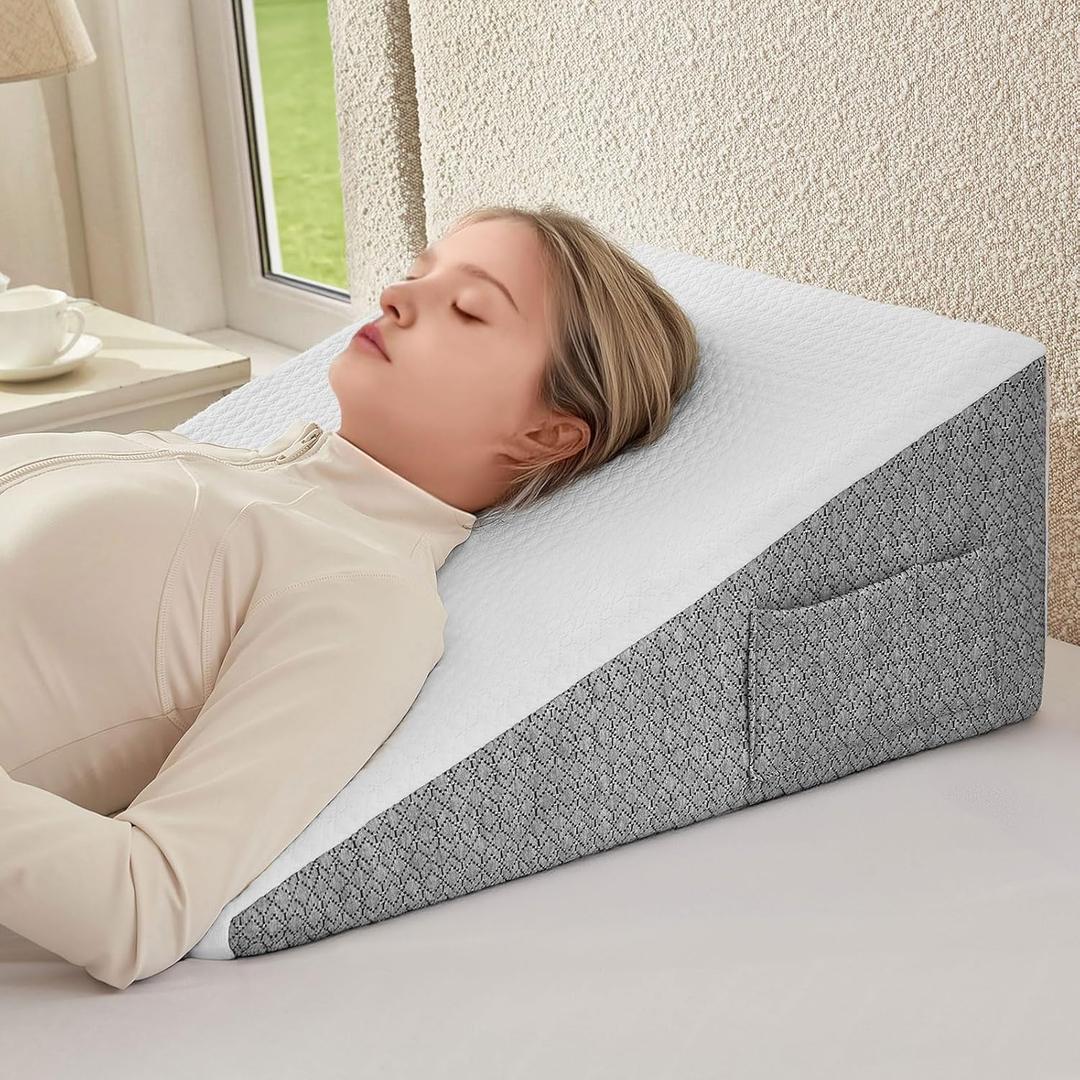 Wedge Pillow for Sleeping & Resting, 24"x24"x12" Memory Foam Cushion with Grey White Patterned Polyester Cover, Ideal for Bedroom & Living Room  Comfortable Support for Adults (12 inch, Grey & White)