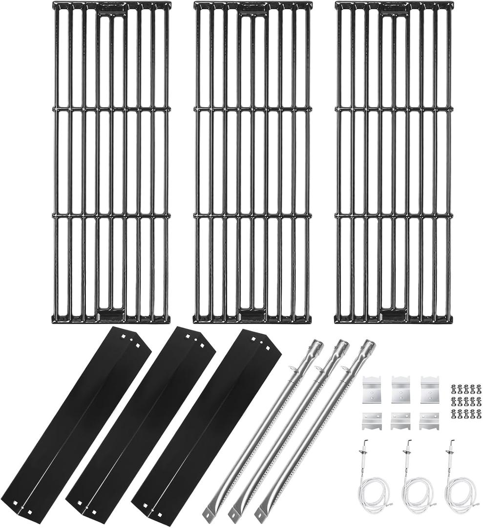 Hisencn Replacement Parts for Chargriller 3001, 3008, 3030, 4000, 5050, 5252 Gas Grill Models, Stainless Steel Burner, Porcelain Steel Heat Plate, Porcelain Cast Iron Cooking Grid Grates