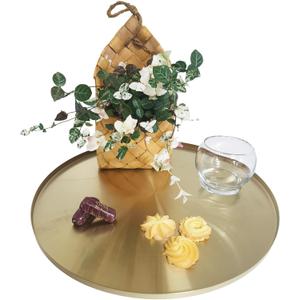 I-LAN Light Gold Metal Decorative Vanity Tray,Bathroom Round Mirror Finish Golden Serving Tray Platter,Brass Circle Table Tray Accent Dresser Perfume Bottle Storage Tray for Display,14"X0.4"