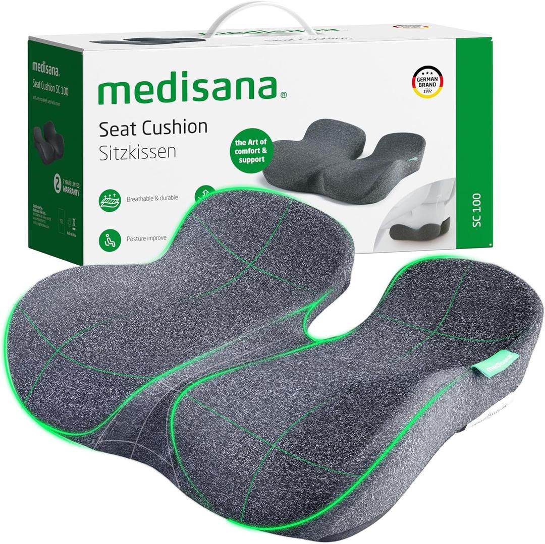 medisana Seat Cushion, SC 100 Seat Cushions for Office Chairs, Car Seat, Wheelchair - Sciatica & Tailbone & Coccyx Pain Relief Pillow for Driver Sedentary, Gift for Women Men(Size:18*14.6*3.54in-Grey) (Large)
