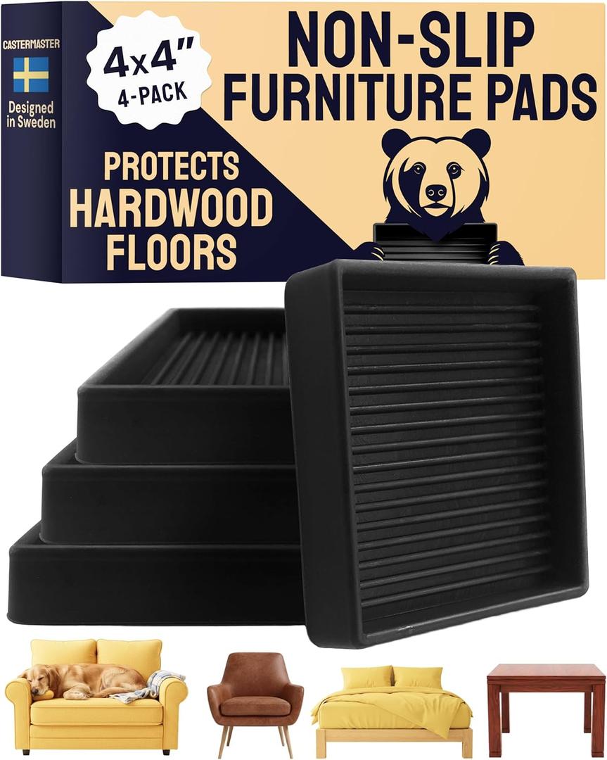 CasterMaster Square Rubber Caster Cups 4 Inch - Non Slip Furniture Pads for Hardwood Floors - Heavy Duty Bed Stoppers, Sofa Leg Protectors & Chair Feet Covers, Black 4 Pack