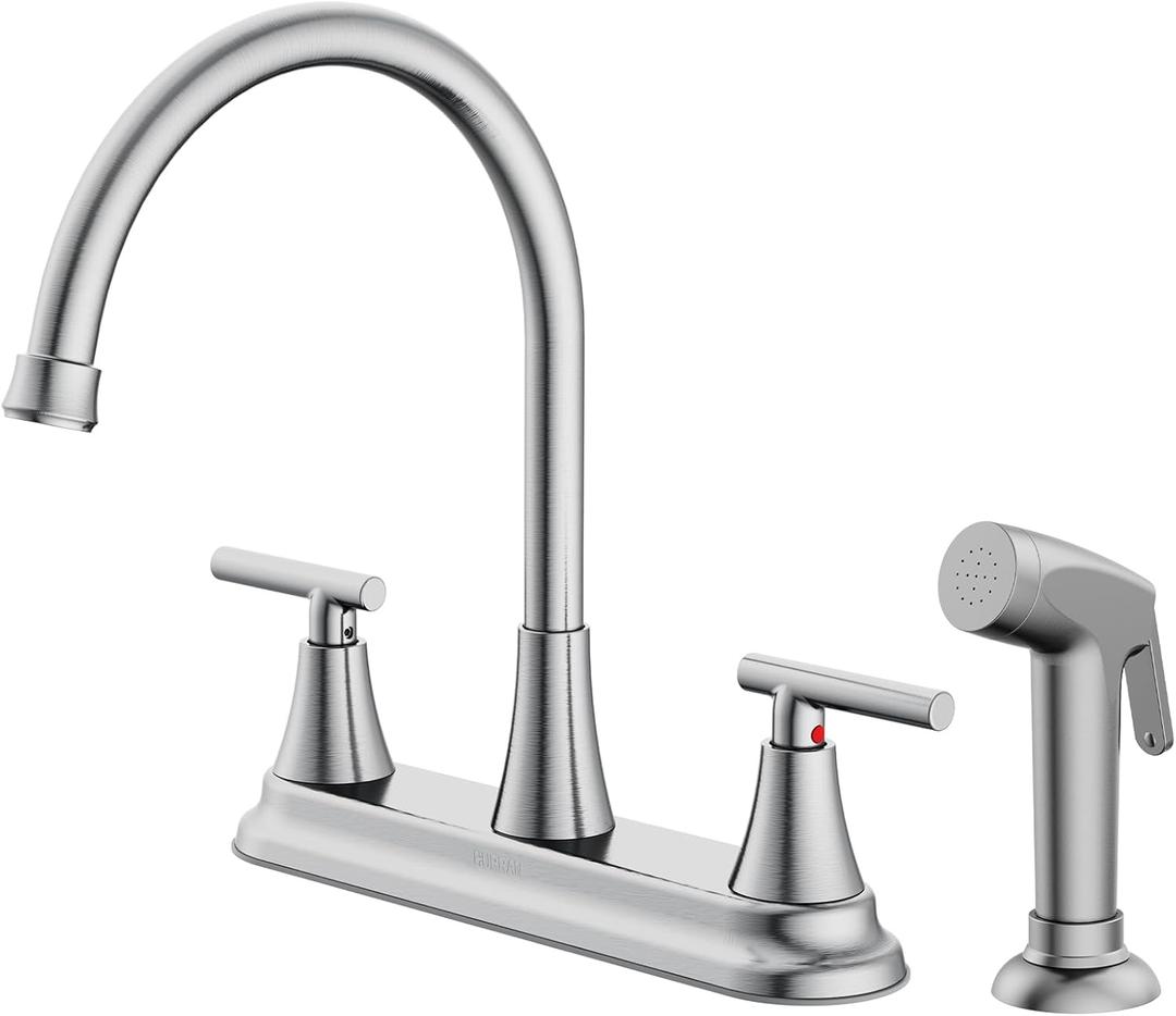 HURRAN 2-Handle Kitchen Faucet with Pull-Out Side Sprayer, 8 Inch High Arch Stainless Steel 360Rotating Kitchen Sink Faucet, 4 Hole Faucet for Kitchen Bar Rv Camper, Nickel