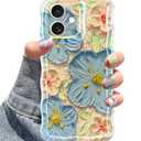 Jusy Compatible with iPhone 12, Colorful Retro Oil Painting Printed Flower Laser Glossy Pattern Cute Curly Wave Phone Case Soft TPU Cover for Girly Women - Blue