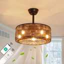 21" Boho Rattan Ceiling Fans with Lights,Flush Mount Caged Ceiling Fan with Remote Indoor,6 Speed, Timing, APP Remote Control,Includes 5 LED Bulbs for Bedroom,Kitchen,Living Room,Farmhouse