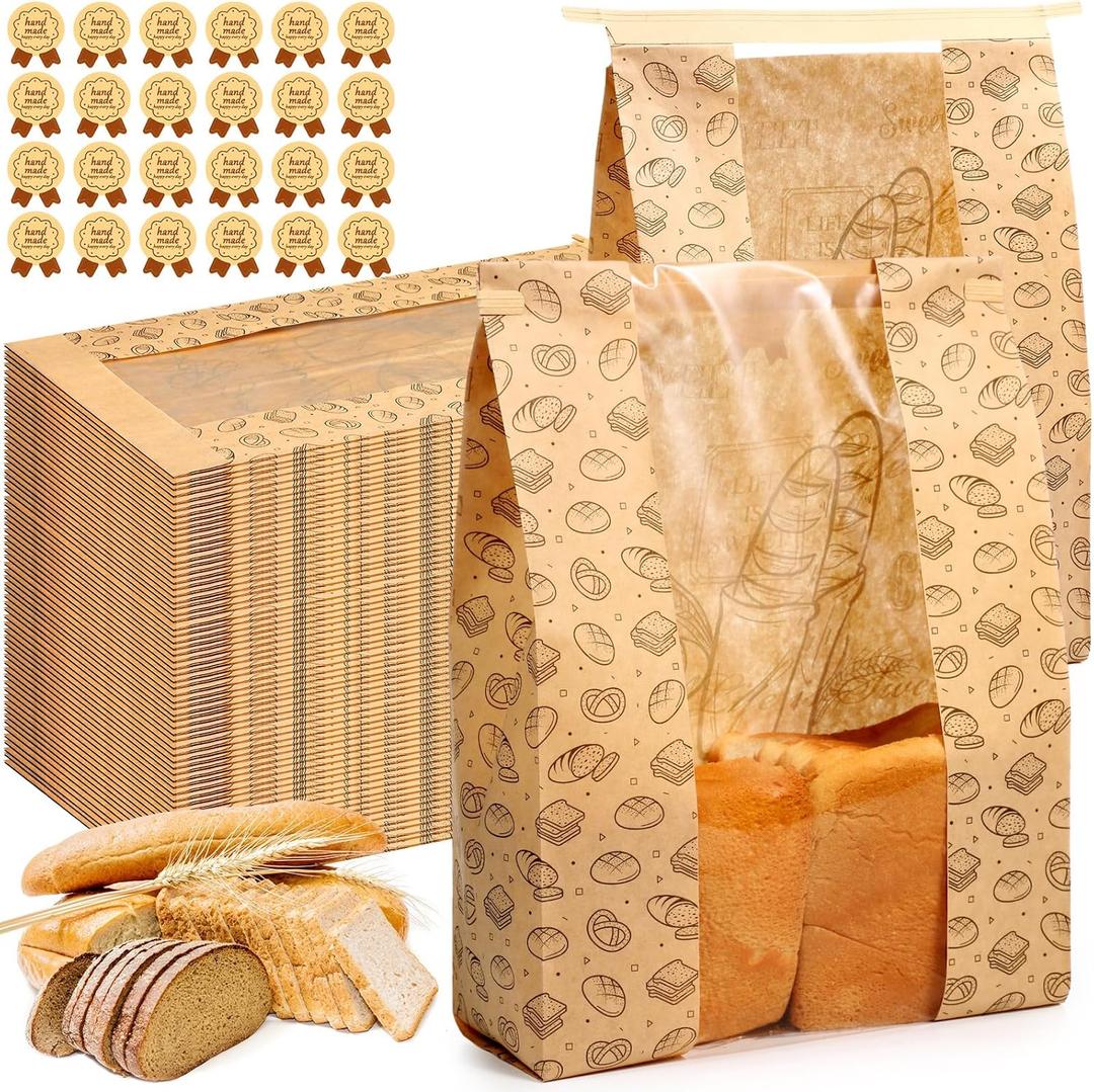 Feifeiya 150 Pack Kraft Paper Bread Bags for Homemade Sourdough Bread Bag with Clear Window 13.7 x 8.2 x 3.5 Large Bakery Packaging for Treat Storage Gift Giving with Seal Sticker