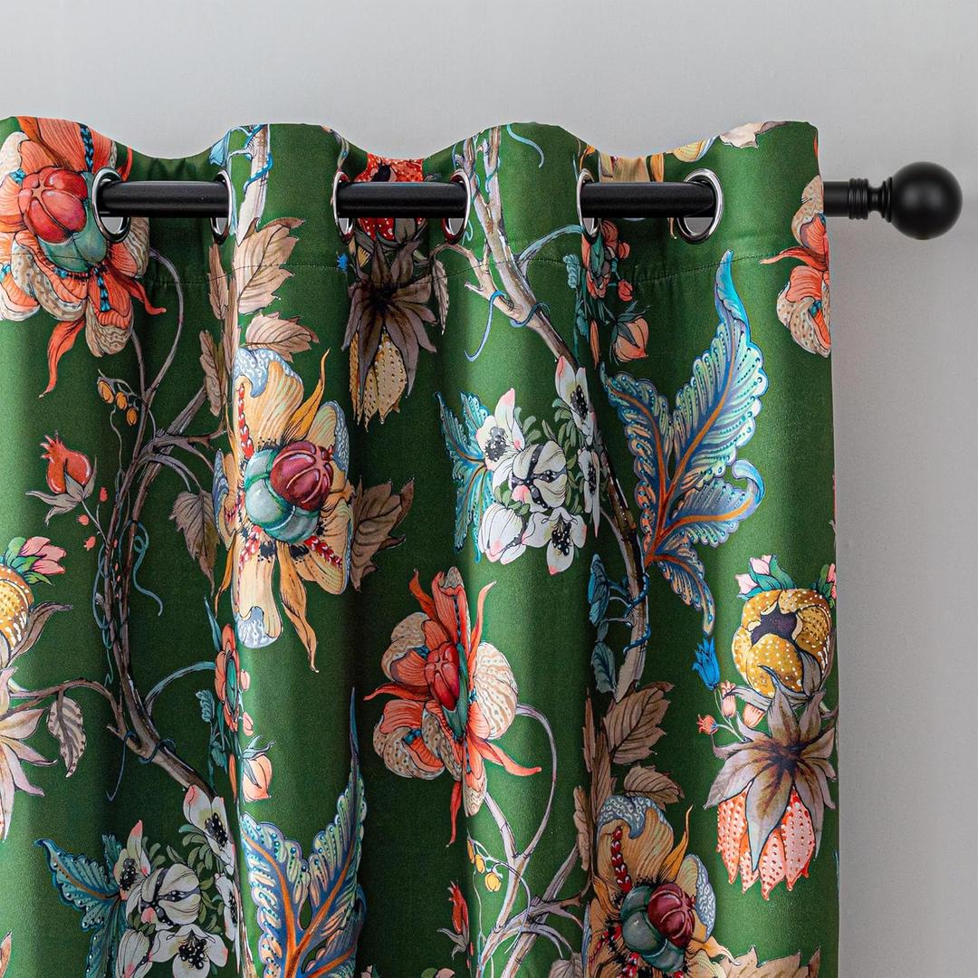 MYSKY HOME Green Floral Blackout Curtains 84 Inch Length 2 Panels Set Black Out Thermal Insulated Energy Efficient Grommet Cottagecore Flower Patterned Vintage Botanical Drapes for Living Room, 52" W
