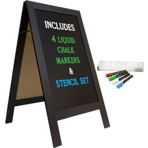 Large Sturdy Handcrafted 40" x 20" Wooden A-Frame Chalkboard Display / 4 Liquid Chalk Markers & Stencil Set/Sidewalk Chalkboard Sign Sandwich Board/Chalk Board Standing Sign (Black)