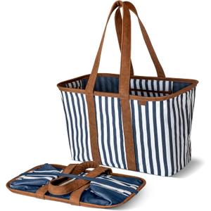 CleverMade Collapsible LUXE Tote, 30L Foldable Grocery Shopping Bag with Structured Frame, Reinforced Bottom & Comfortable Handles, Reusable Car Tote for Errands, Beach, Laundry & Storage, Navy Stripe