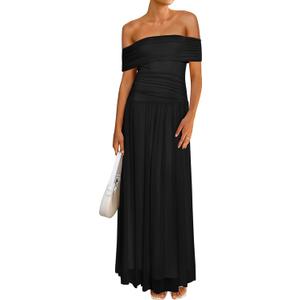 MASCOMODA Women Off The Shoulder Mesh Maxi Dress Bodycon Ruched Formal Sleeveless Pleated Cocktail Wedding Guest Long Dresses (Medium, Black)