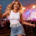 Nlife Womens Nashville Sparkly Fringe Sleeveless Tops Concert Raceback Ribbed Tank Tops with Glitter Tassel (S)