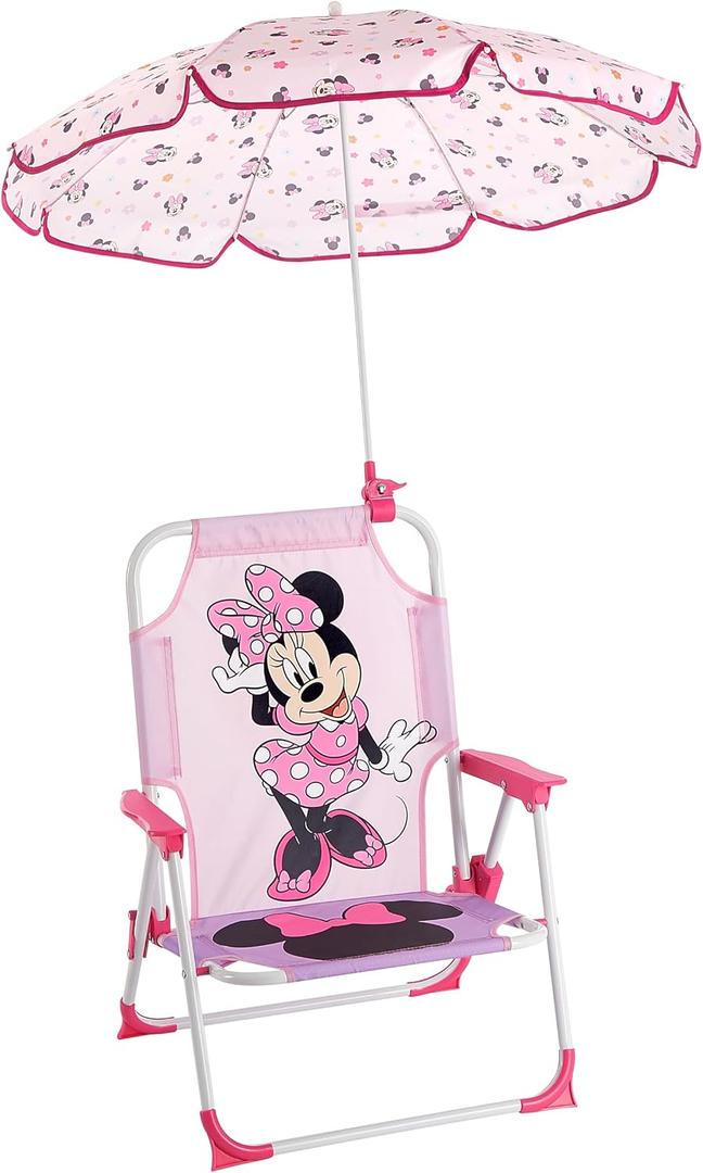 Disney Minnie Mouse Kids Beach Chair with Umbrella,Foldable Portable Toddler Chair with Armrests, Locking Mechanism & Sun Shade, 12 inches x 14.75 inches x 19 inches