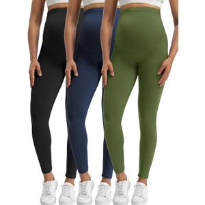 Buttergene Women's Maternity Leggings over the Belly Pregnancy Active Wear Workout Yoga Tights Pants (Large, 2-3pack Black/Navy/Olive)