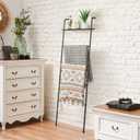 Blanket Ladder Holder for Living Room Farmhouse Decorative Ladder Holder with Storage Shelf, Wall Leaning Quilt Towel Rack for Bathroom, Bedroom, Rustic Home Decor, Black