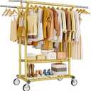HYSEYY Heavy Duty Clothes Rack, Rolling Clothing Racks With Shelves Load 620 LBS, Double Rod Clothing Racks for Hanging Clothes, Portable& Adjustable Clothes Rack with Wheels Garment Rack,Gold