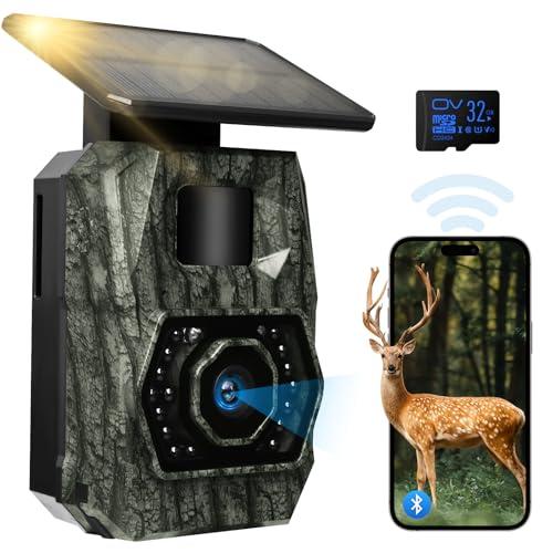 MAXDONE Solar Trail Camera WiFi Bluetooth - 48MP 30fps Game Camera with 5200mAh Rechargeable Battery, 0.1s Trigger Speed Motion Activated Trail Cam IP66 with 32GB TF Card for Wildlife Monitoring