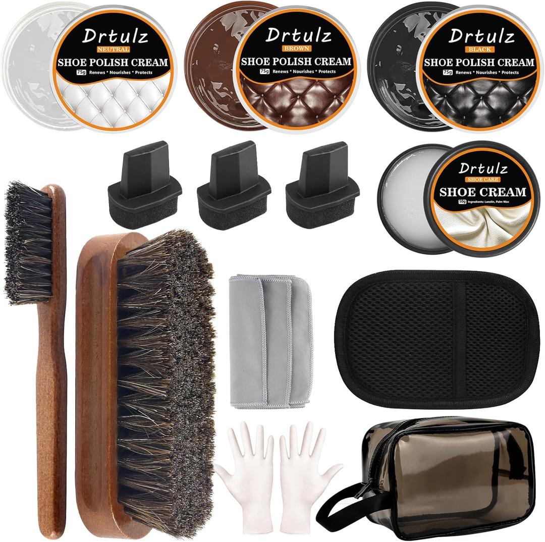 15Pcs Shoe Care Kit, Shoe Polish Brush Cleaning Kit Black Brown Neutral Oil Gentle Care for Shoes, Leather Boots Care Shoe Shine Kit with Men & Women