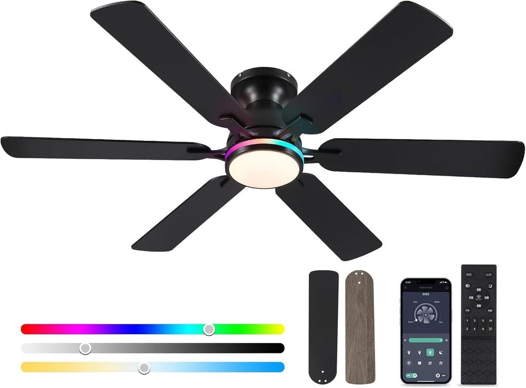 Ceiling Fans with Lights- 52" RGB Low Profile Indoor Ceiling Fan with Light and Remote/APP Control, Flush Mount, 6 Blade, LED Dimmable DC Reversible Modern Ceiling Fan for BedroomBlack