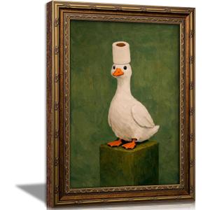 Vintage Gold Framed Duck Bathroom Wall Art,Retro Funny Goose Canvas Painting Picture Wall Decor,Whimsical Farmhouse Animal Poster Print Artwork,for Bathroom Bedroom Living Room Home Decoration, Duck, 24"L x 16"W
