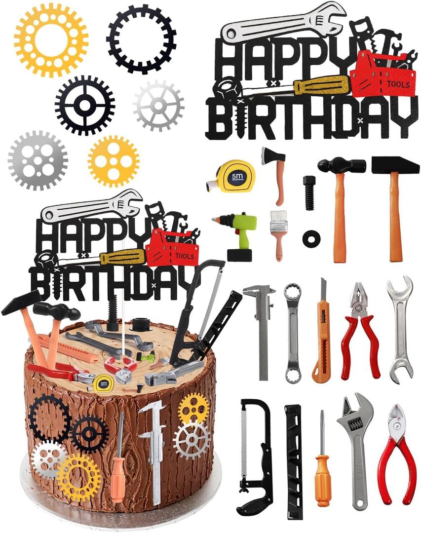 24 Pack Construction Tools Cake Toppers Wrench Hammer Screwdriver Drill Plier Handsaw Tape Measure Gear, Birthday Labor Day Party Supplies for Boys & Men
