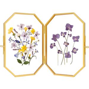 Double Glass Picture Frame Handmade, Glass Pressed Flower Frame, Hinged Tabletop Brass Photo Frames, Dried Flower Display Folding Frame for Home, Octagon, Gold, 46 Inches (4L" x 6W")
