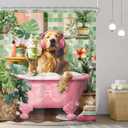 Riyidecor Funny Dog Shower Curtain,Kids Cute Fun Pet in Bathtub,Tropical Leaves Palm Leaf Plant Greenery Hilarious Bubbles Bathroom Decor Fabric Polyester Waterproof 12 Pack Hooks 60Wx72H Inch