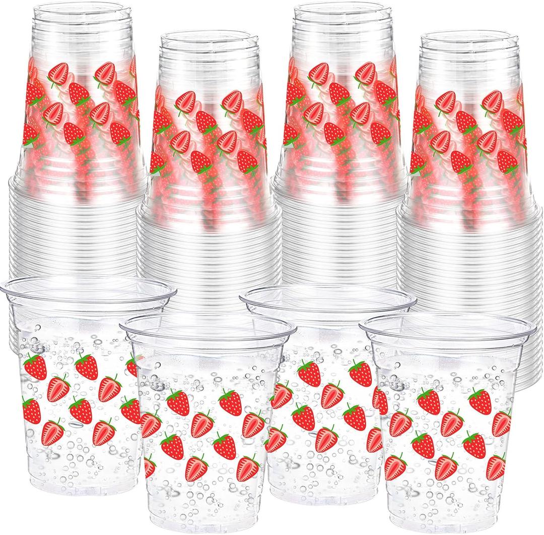 100 Pack Strawberry Plastic Cups 16 oz Red Strawberry Disposable Clear Fruit Cups for Birthday Baby Shower Summer Party Supplies Favors