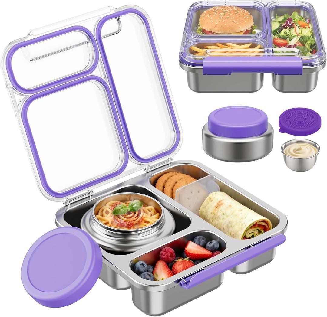 Pawtong Stainless Steel Bento Box Kids Adult with 7oz Insulated Food Jar, Transparent Lid Metal Lunch Box With Soup Thermal Jar, Lunch Box Container with Removable Divider & Sauce Cup School (Purple)