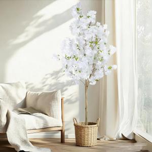 6FT Artificial Cherry Blossom Tree, Realistic Fake Cherry Blossom Tree in Pot, Decorative Faux Sakura Tree for Indoor Home Decor, Garden, Wedding, Party, Office (White)