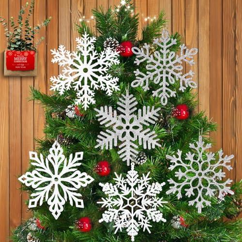 6pcs Large White Silver Snowflakes Christmas Ornaments- 12" Big Plastic Glitter Hanging Snow Flakes for Christmas Tree Decorations Winter Indoor Outdoor Window Home Decor Giant Craft Snowflakes
