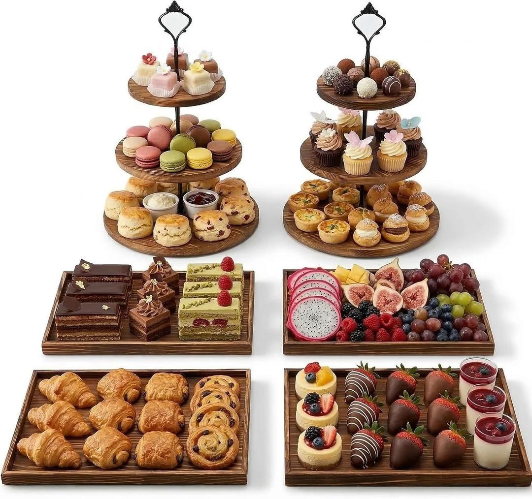 6 PCS Wood Tier Cupcake Display Stand Tower, Dessert Table Display Set, Party Food Display Stand Trays,Treat Candy Table Displays Set,3 Tiered Serving Trays for Party,Cake Stand Set,Cookie Display