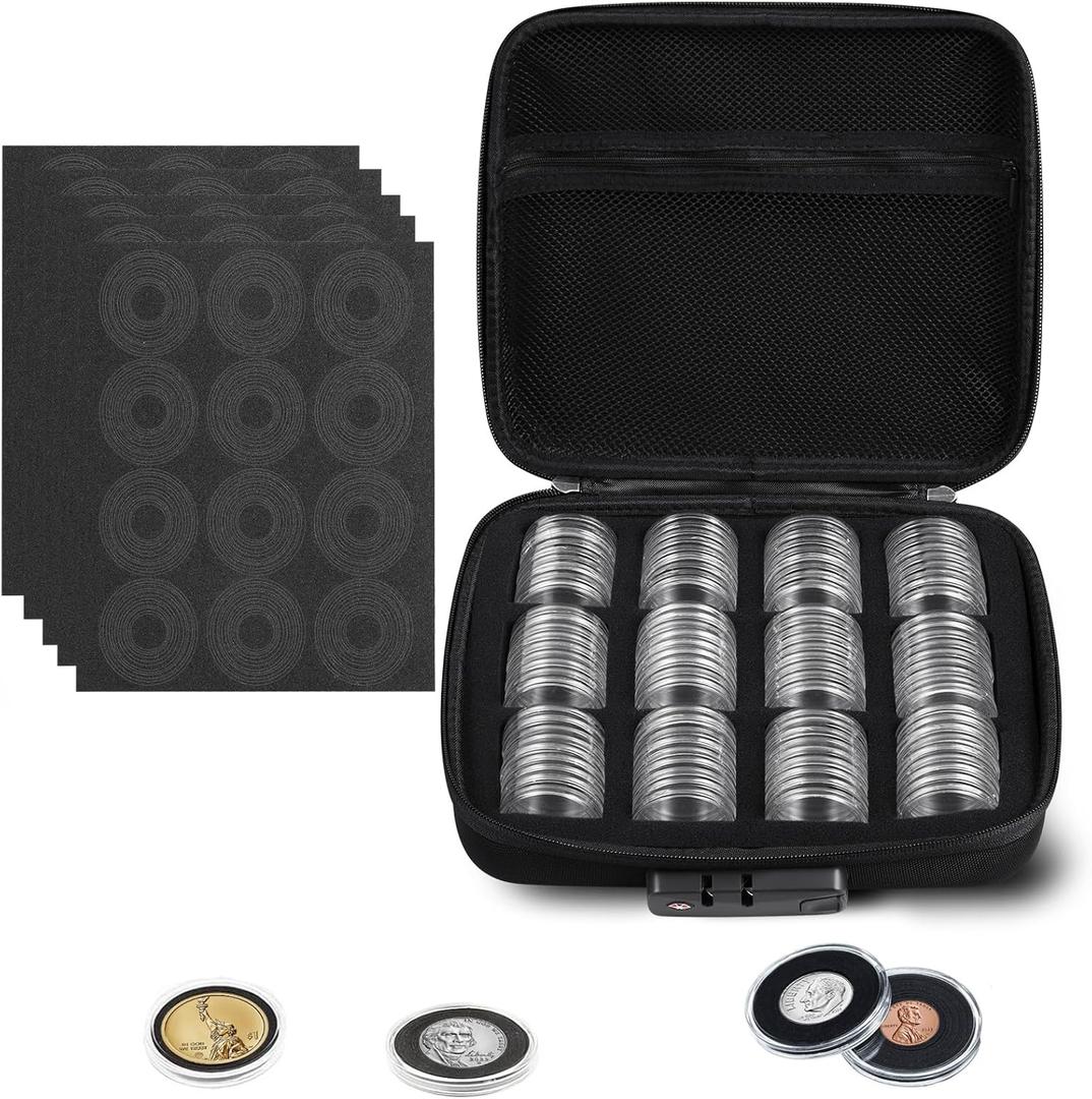 MUDOR 108 Pieces Silver Dollar Coin Holder, 41mm Storage Case with Lock, Coin Holders with 10 Size Gaskets, Coin Collection Supplies for Cent,Nickel,Quarter, Morgan,Silver Eagle