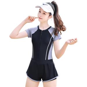 MEILONGER Girls Swimsuits, Kids One-Piece Short Sleeve Swimwear Rashguard Bathing Suits Dress Swim Shirts (Black Gray,8)