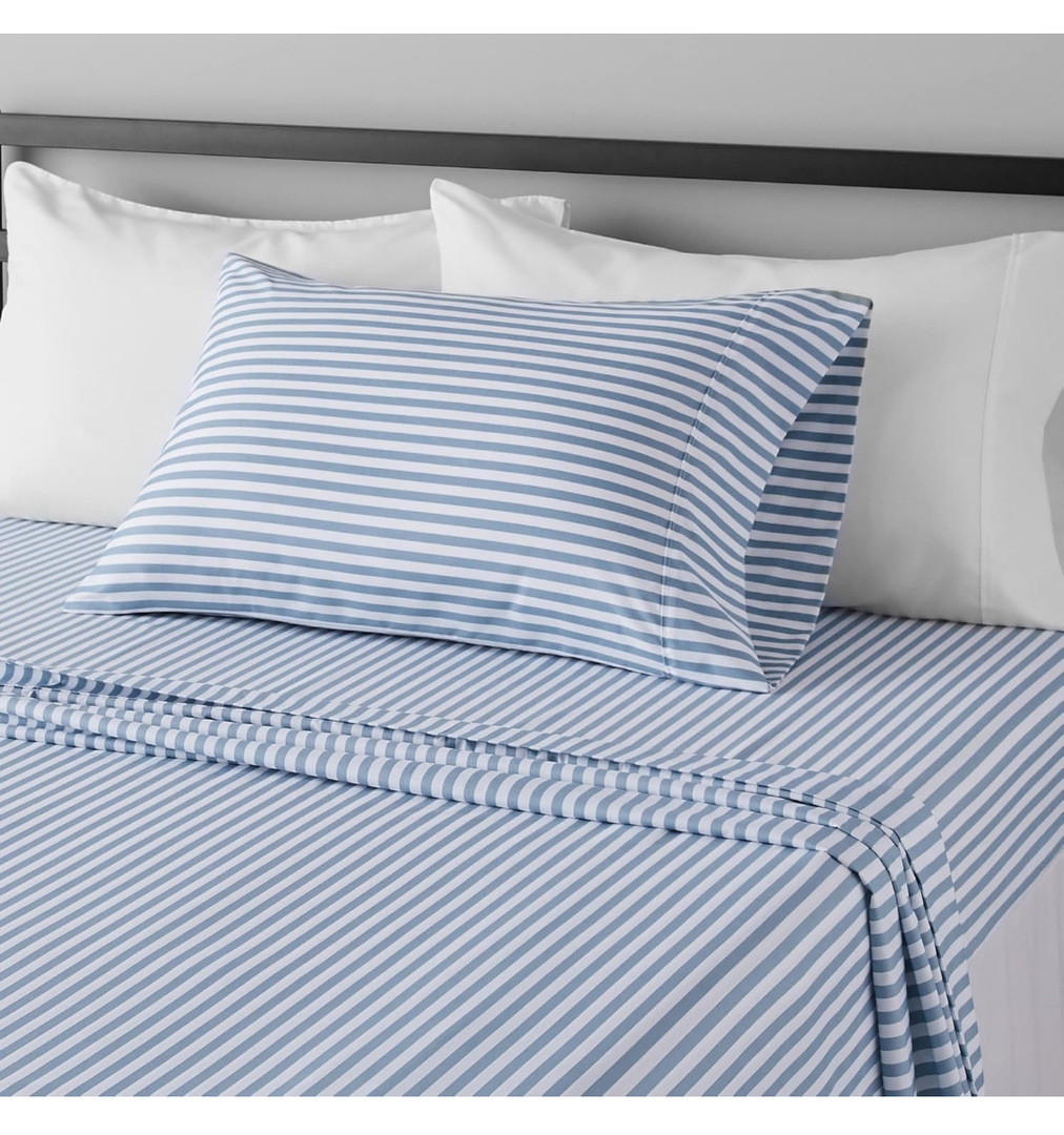 Amazon Basics Lightweight Super Soft Easy Care Microfiber 3 Piece Bed Sheet Set With 14-inch Deep Pockets - Twin, Dusty Blue Pinstripe,Printed