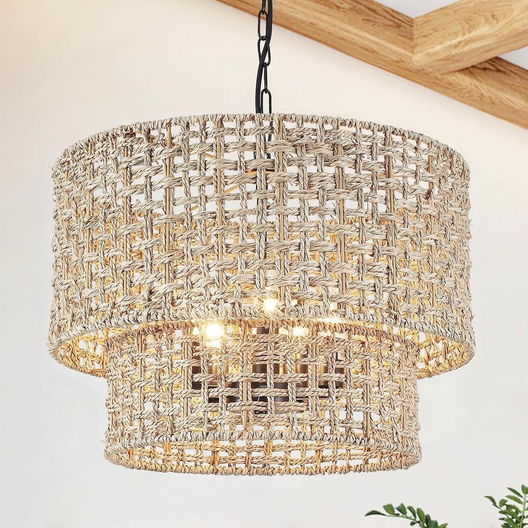5-Light Boho Rattan Chandelier Light Fixture 19" Large Hand Woven Rustic Chandeliers Farmhouse Drum Hanging Light for Living Room Dining Room Kitchen Island Foyer Entryway, E12