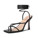 ISNOM Lace Up Heels Sandals for Women, Square Toe Open Toe Thong Strappy Heels Women's Stiletto Heeled Sandals -Black , 8,5