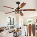 52 Inch Farmhouse Ceiling Fan with Light and Remote, Black Industrial Caged Flush Mount Ceiling Fans with 6 Speed Reversible Motor and Dual Finish 5 Blades, Rustic Ceiling Fan for Living Room, Bedroom