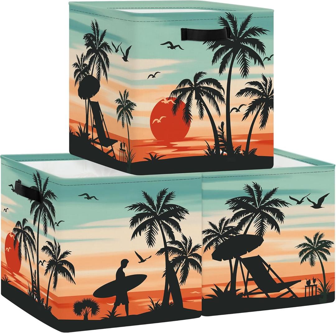 HUUMONSS 11.8" Tropical Beach Cube Storage Organizer Set Palm Trees Cube Storage Bin for Adult to Organize Clothes for Bathroom, Bedroom, 3Pcs