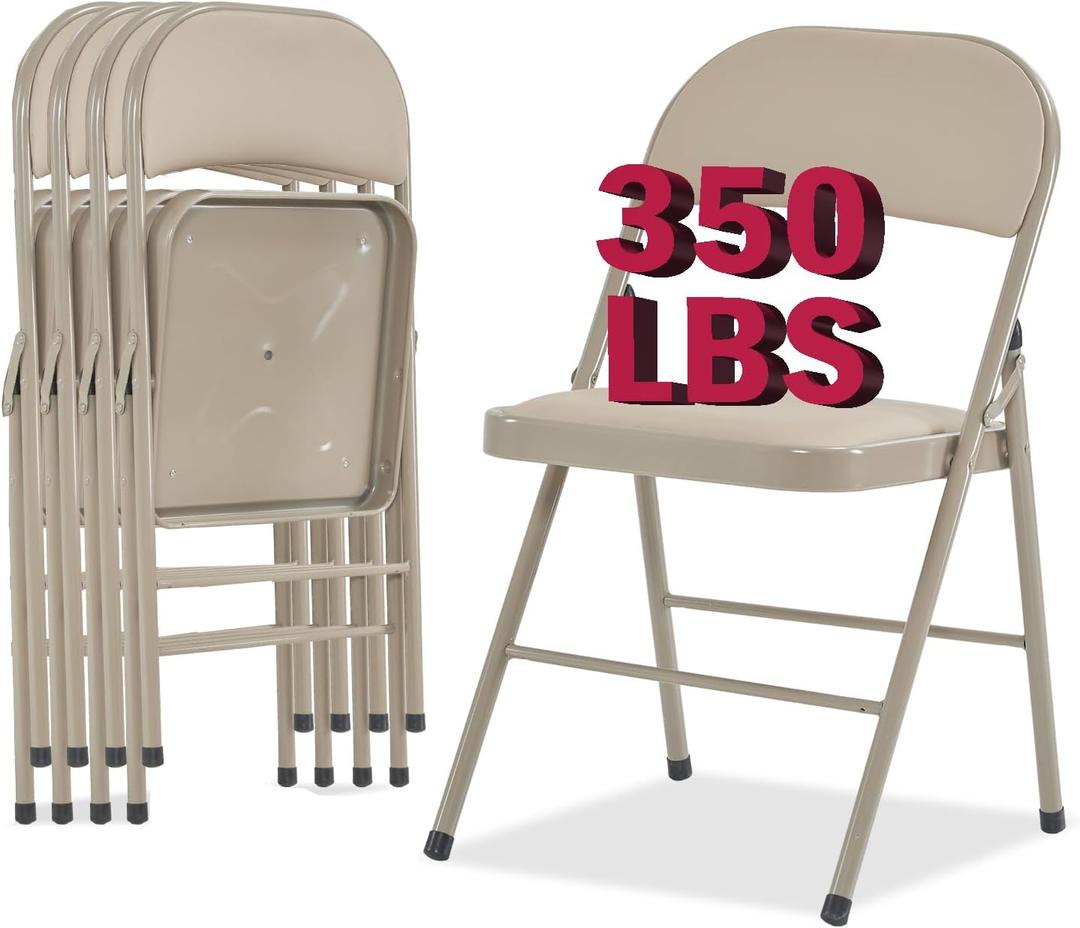 4 Pack Folding Chairs with Padded Cushion and Back Padded Folding Chairs with Steel Frame Portable Stackable Commercial Seat for Indoor Outdoor Events Office Wedding Party, Khaki