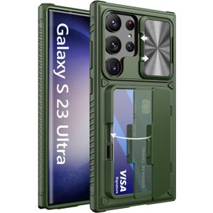 Vihibii for Samsung Galaxy S23 Ultra Case with Card Holder (4 Cards) & Sliding Camera Cover & Kickstand, Shockproof Rugged Hard Back & TPU Edge Wallet Case for Galaxy S23 Ultra 5G 6.8" 2023, Green