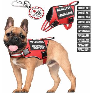 Service Dog Vest Harness+ID Tag+10 Patches,Metal Serivce Dog Tag&Reflective Emotional Support Dog Vest with Handle for Small Dogs,Easy Put On/Off for Training/Walking/Everyday Red S
