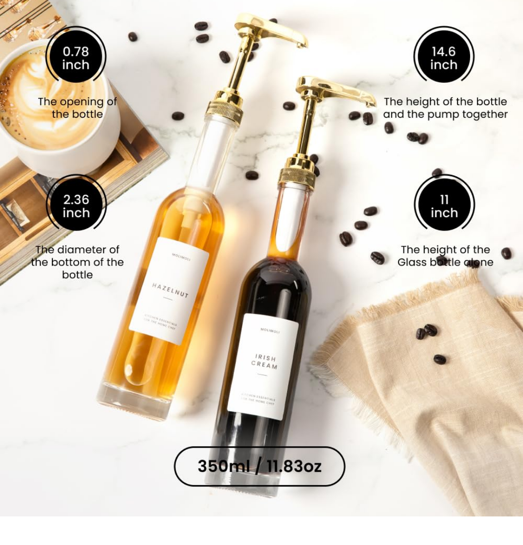 Molimoli Coffee Syrup Dispenser for Coffee Bar, 350mlCoffee Pump Dispenser, Glass Syrup Bottle w. Pumps, Simple Syrup Dispenser w. Labels,Set of 2, (Gold)