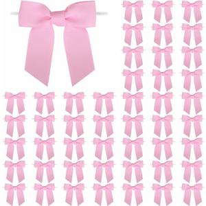 4 Inch Grosgrain Ribbon Twist Tie Bows (50 Pcs) Pre-Tied Premade Gift Bows for Gift Wrapping, Party Decor, Treat Bags, Wedding Favors Pink Craft Supplies for Baby Shower, Christmas, Valentine's Day