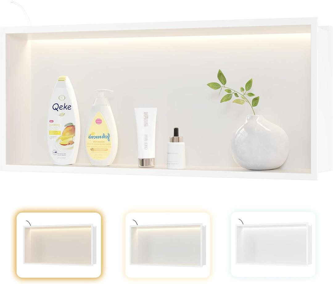 Qeke Stainless Steel Shower Niche 30" X 12", No Tile Needed Wall Niche with 3 Selectable Color Temperatures Led Light, Recessed Shower Shelf for Bathroom Storage Over Mount Installation, Matte White