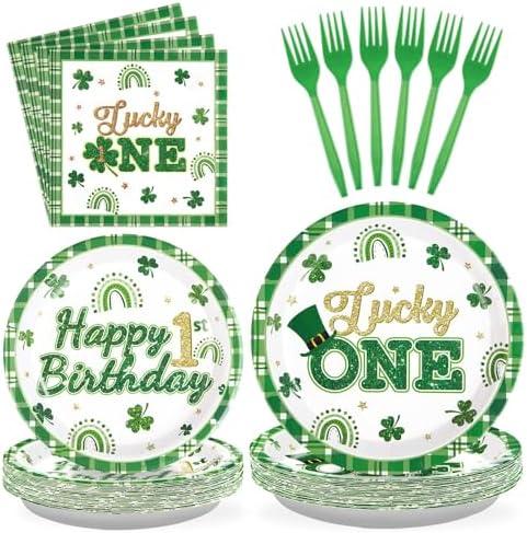 96Pcs St. Patrick's Day Lucky One Party Supplies St. Patrick's Day Plates Disposable St. Patrick Day 1st Birthday Tableware for Irish Lucky One Birthday Decorations, Serves 24