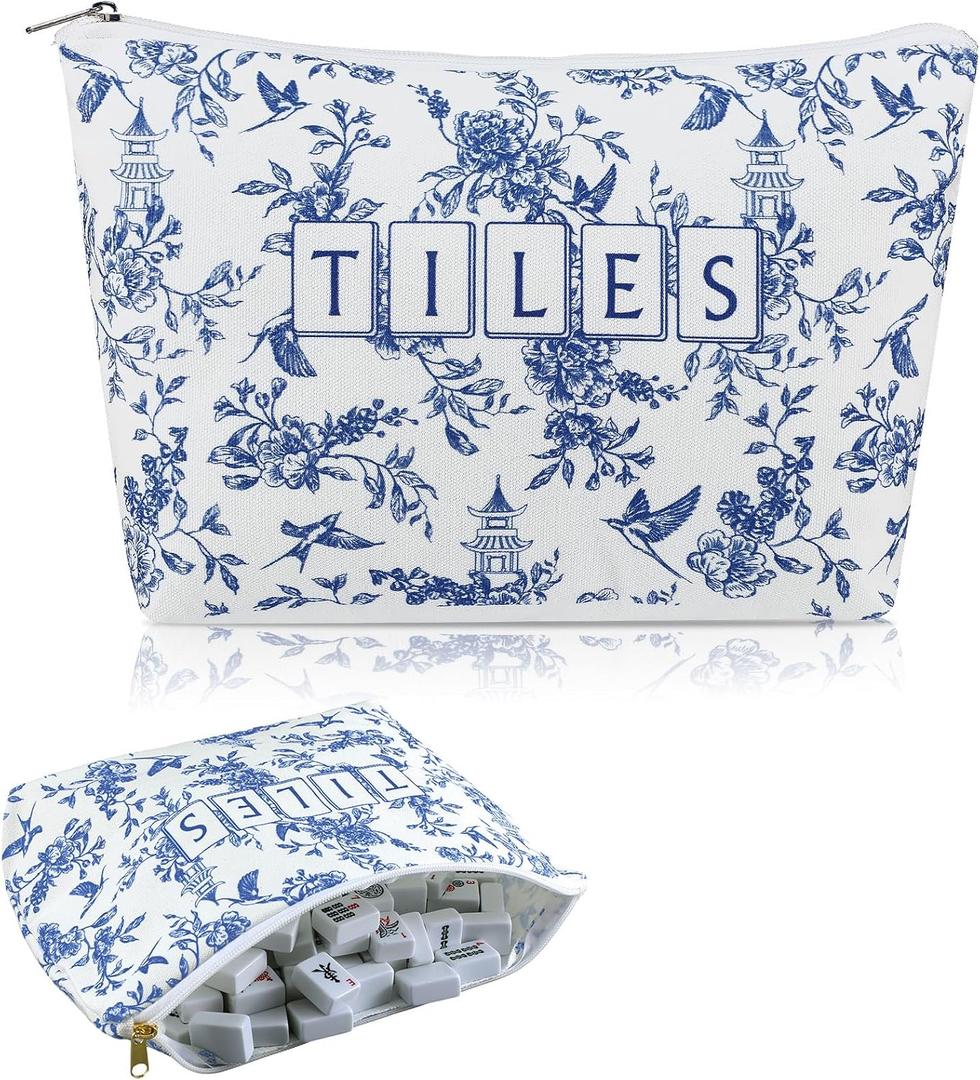 Sanwuta Soft American Mahjong Tiles Bag Thickened Mahjong Makeup Bag Gifts for Women Mah-Jong Lovers Accessories 13 x 7.8 x 3.2 Inches(Blue and White Porcelain)