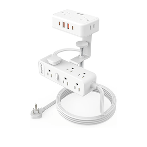 Dual Layer Desk Clamp Power Strip, White Desktop Edge Mount Charging Station with 13 Outlets 4 USB Ports (2 USB C), Under Desk Surge Protector(1700 Joules)